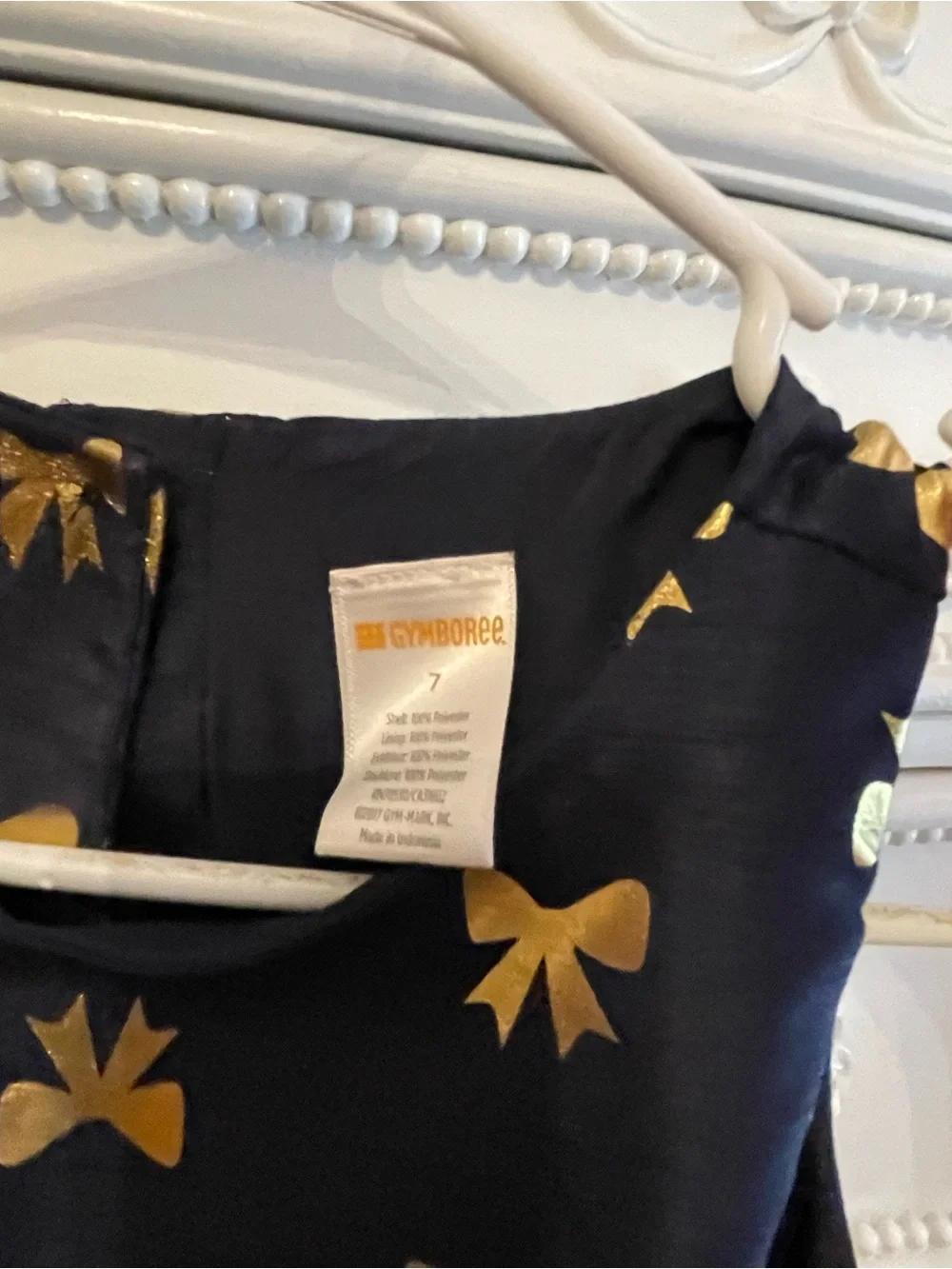 Size 7 GYMBOREE Girls Navy Bow-Print Party Dress with Metallic Gold Accents